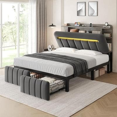 Queen Upholstered LED Bed Frame with 2 1